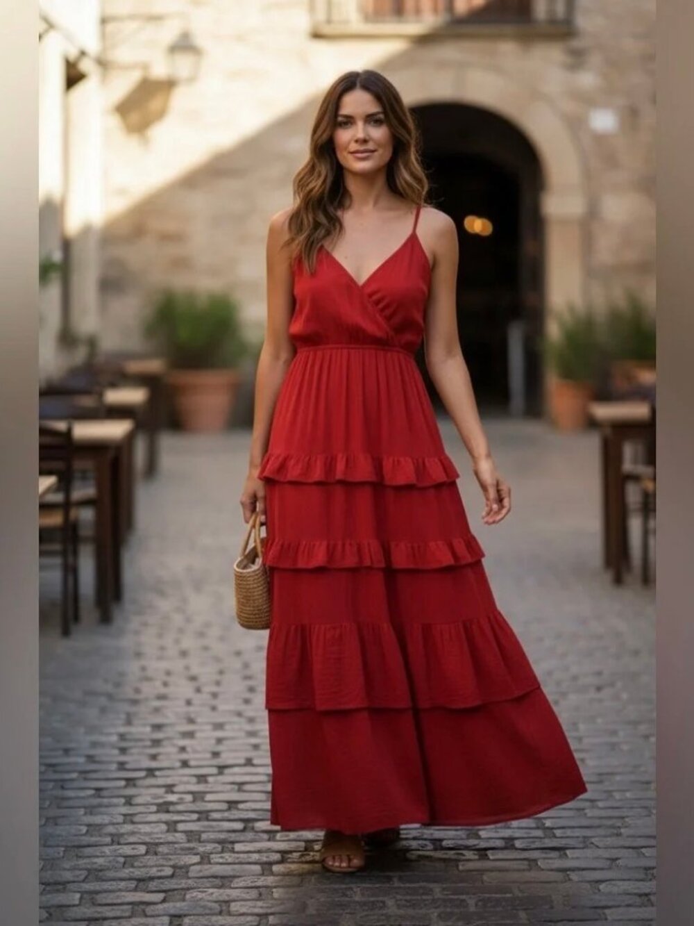 Flying Tomato Cherry Red Chiffon tiered ruffled Maxi dress Small